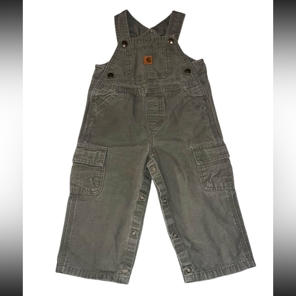 EUC Carhartt Toddler Cargo Bib Overall Olive Green 18 month Workwear